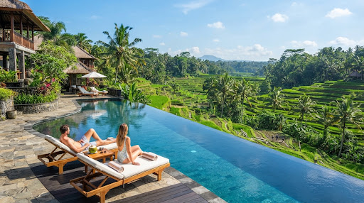 Green rice terraces and a pool in Bali