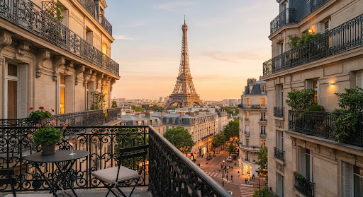 The Eiffel Tower between Parisian buildings