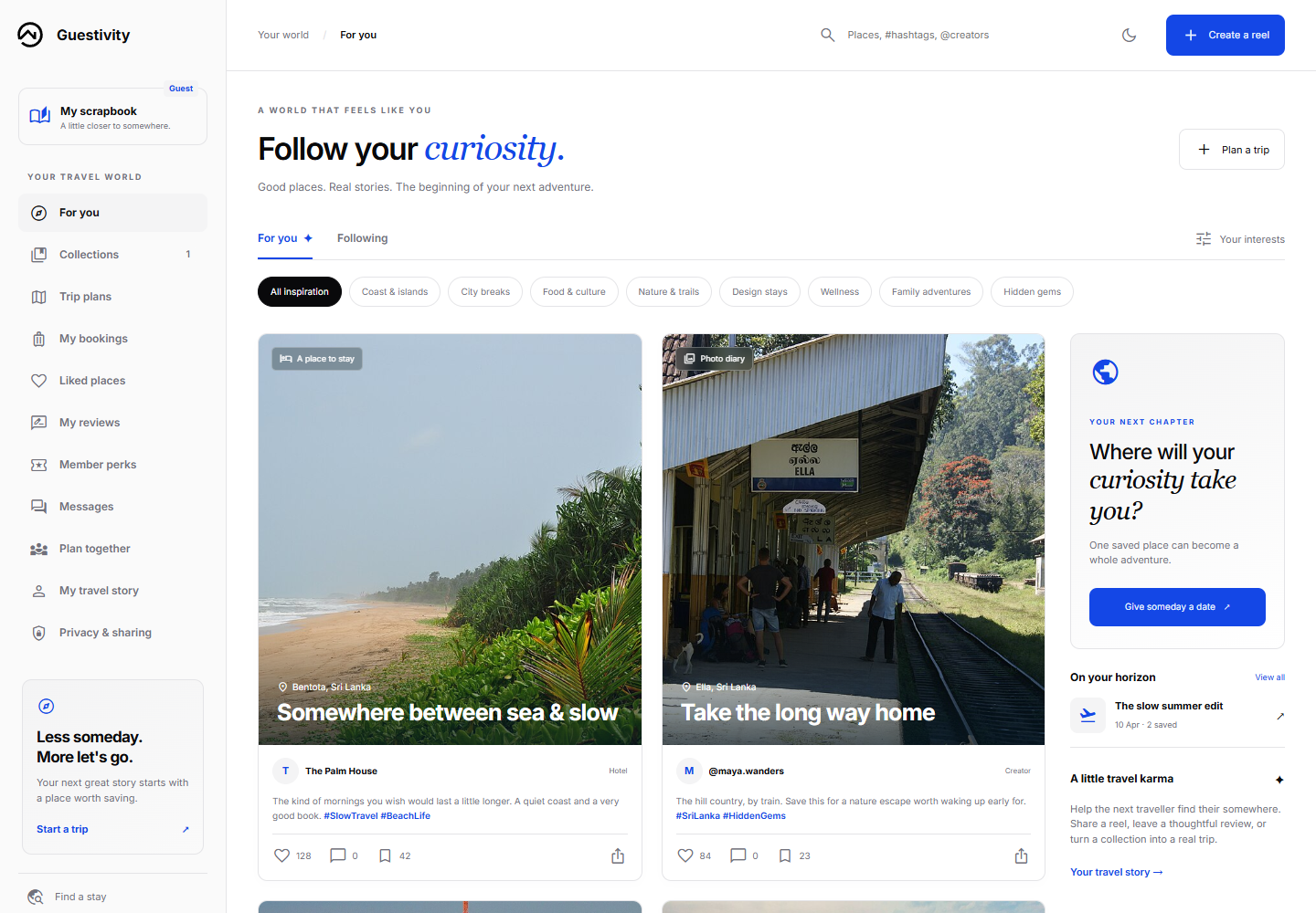 Guestivity Scrapbook discovery feed in light mode, with saved travel inspiration and navigation to messages, shared plans and bookings