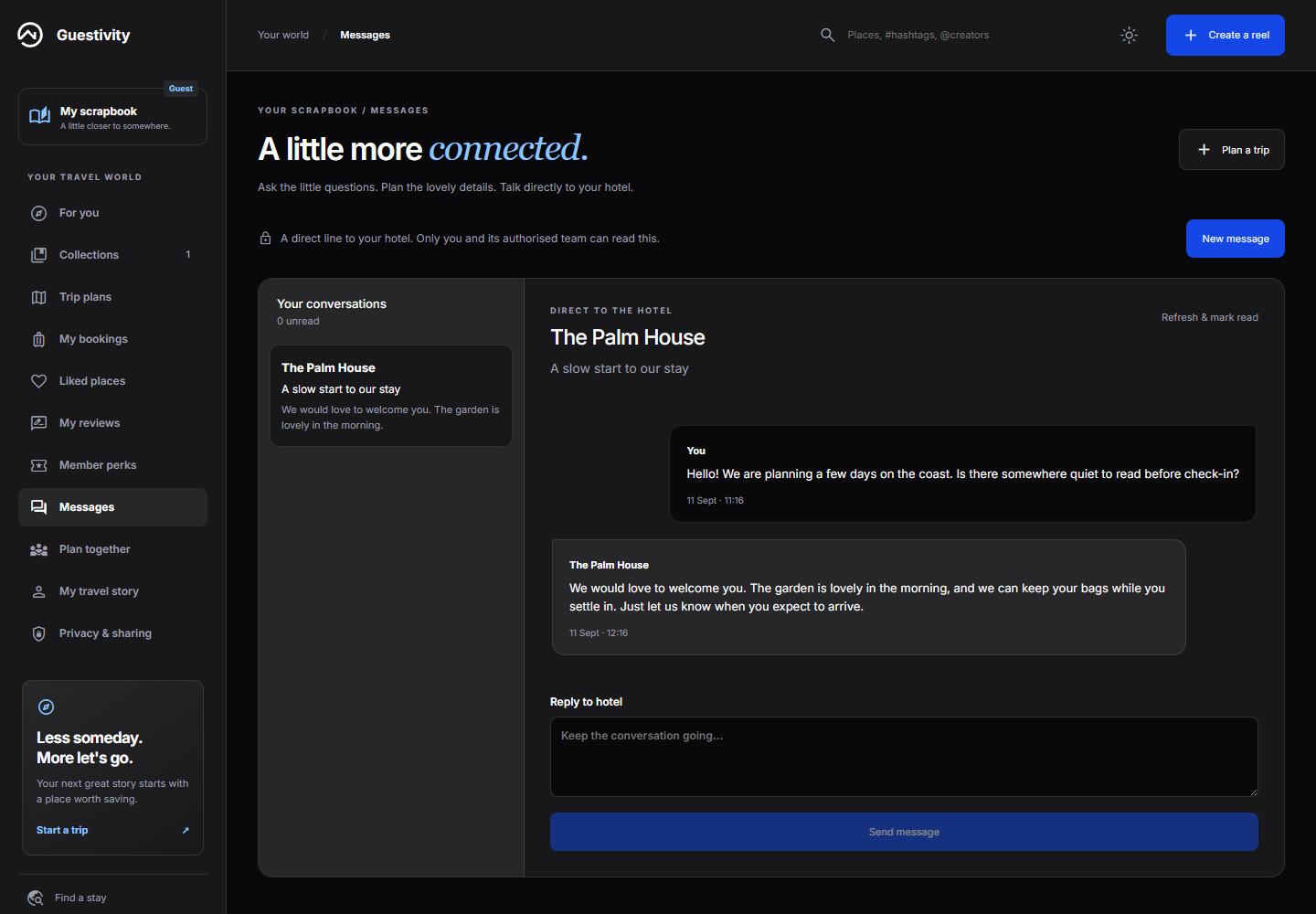 Private guest and hotel conversation in Scrapbook’s dark mode inbox