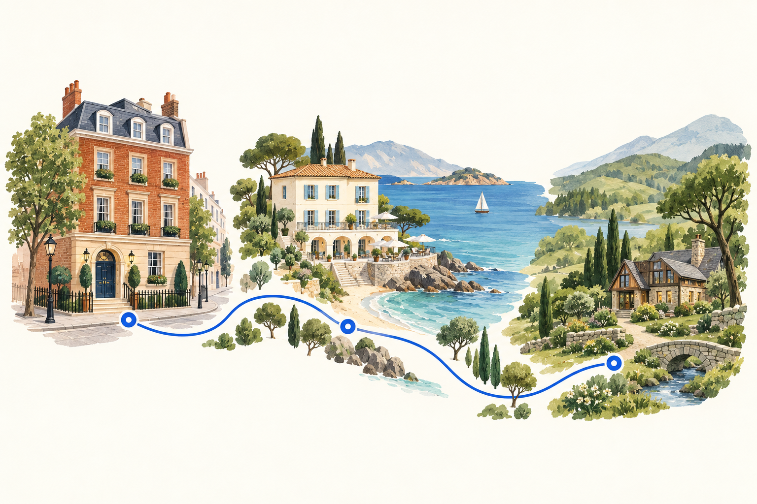 Illustration of city, coastal and countryside hotels connected by one blue travel route.