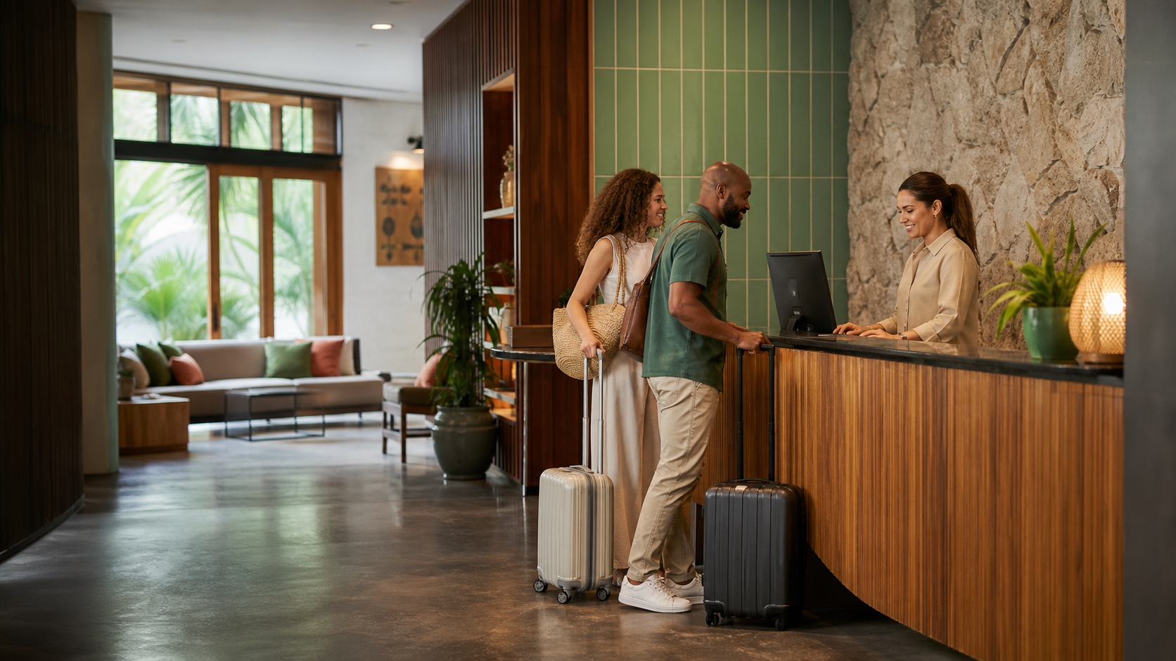 Guests checking in at an independent hotel reception