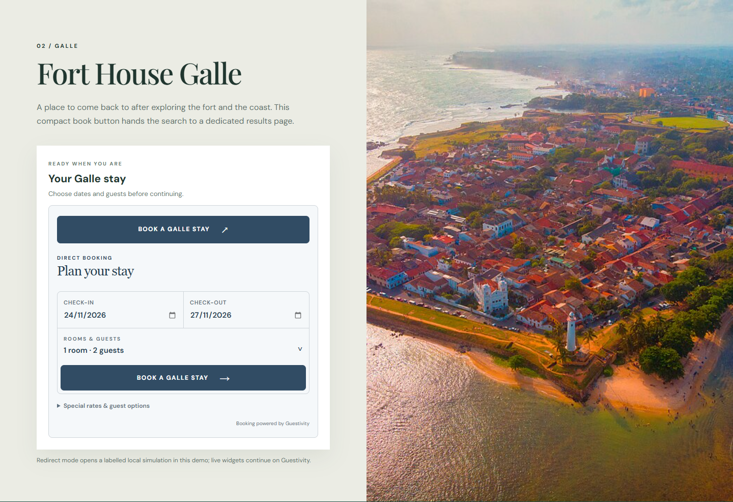 Book a Galle stay button expanded to collect dates and guests on the fictional hotel website