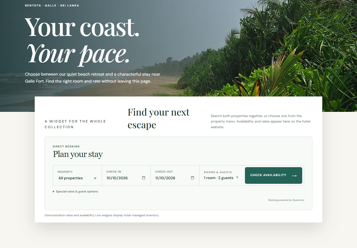 Fictional Coast and Canopy hotel homepage with an embedded multi-property Guestivity availability form