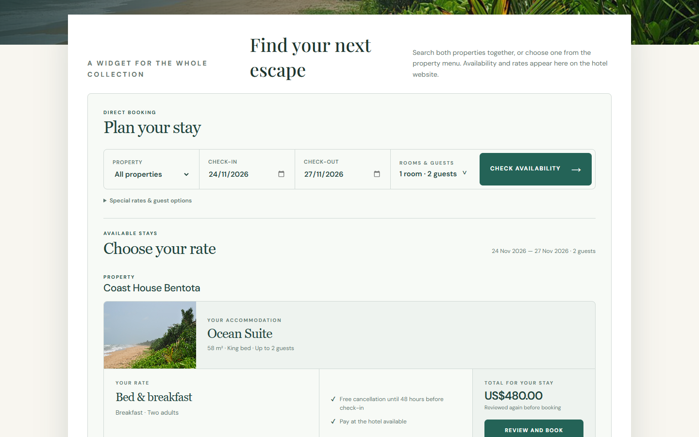 Guestivity widget showing sample Ocean Suite rates directly on the fictional hotel's website