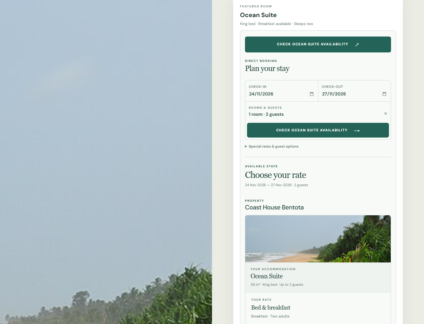 Ocean Suite availability button expanded to show sample breakfast and half-board rates