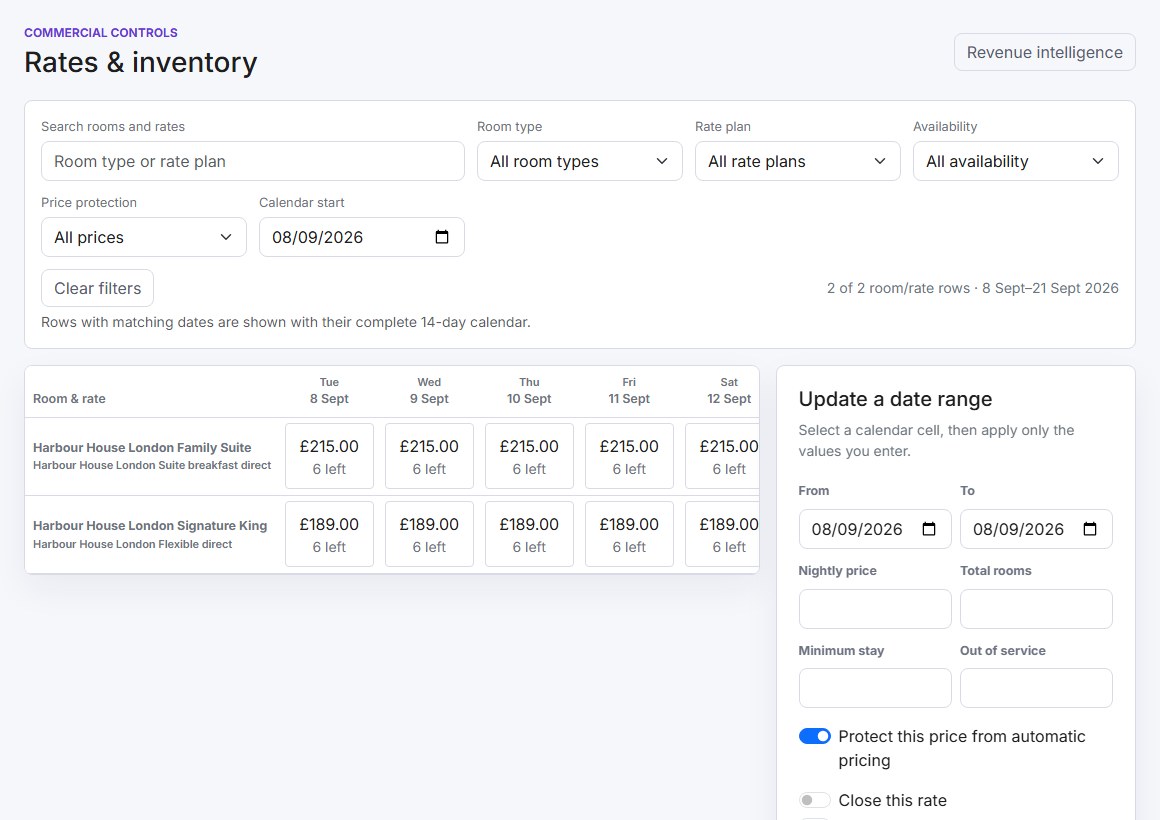 Rates and inventory calendar with room and rate filters, nightly prices and remaining room counts
