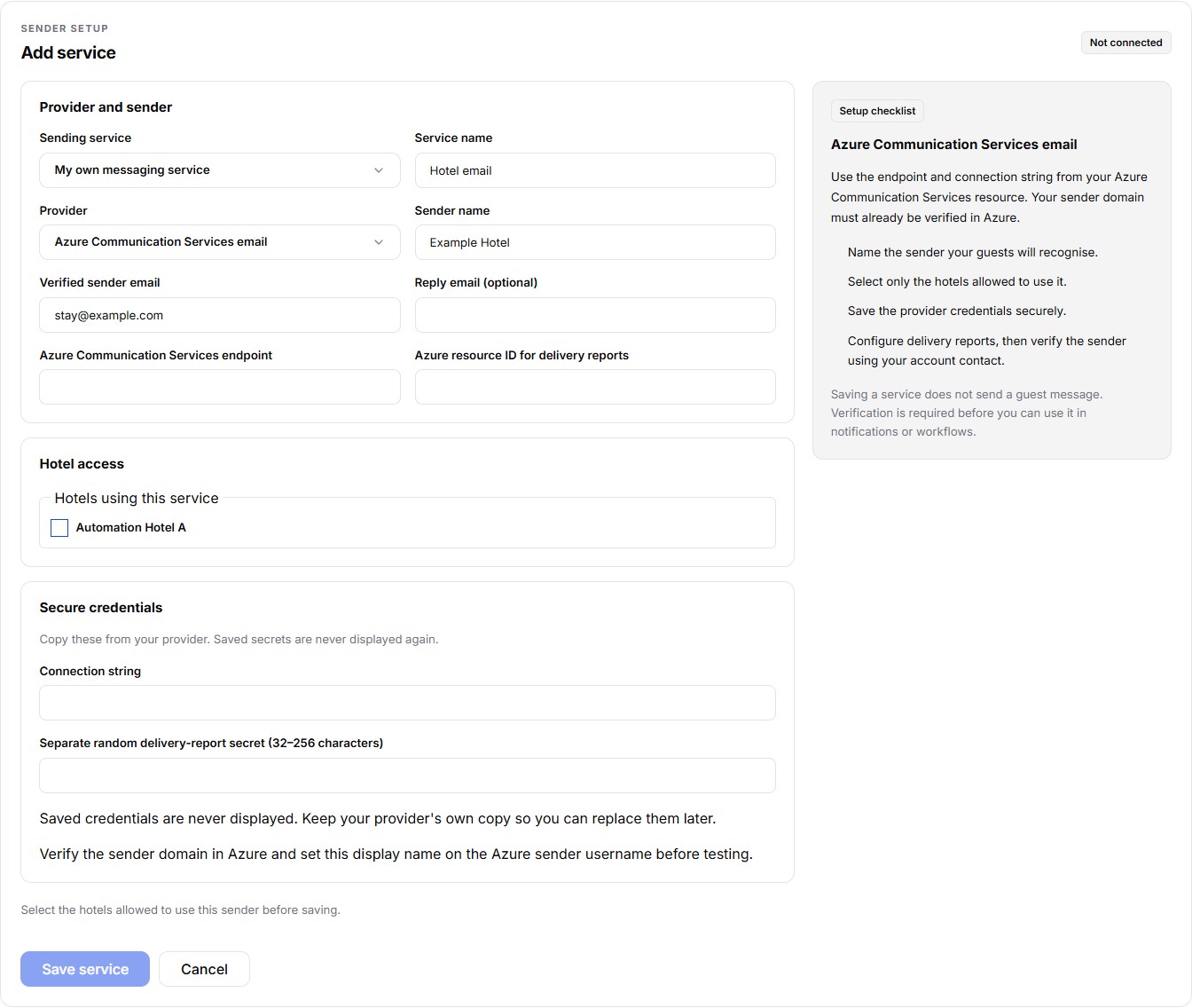 Guestivity Azure email setup with grouped sender, hotel access and secure credential fields beside a connection checklist