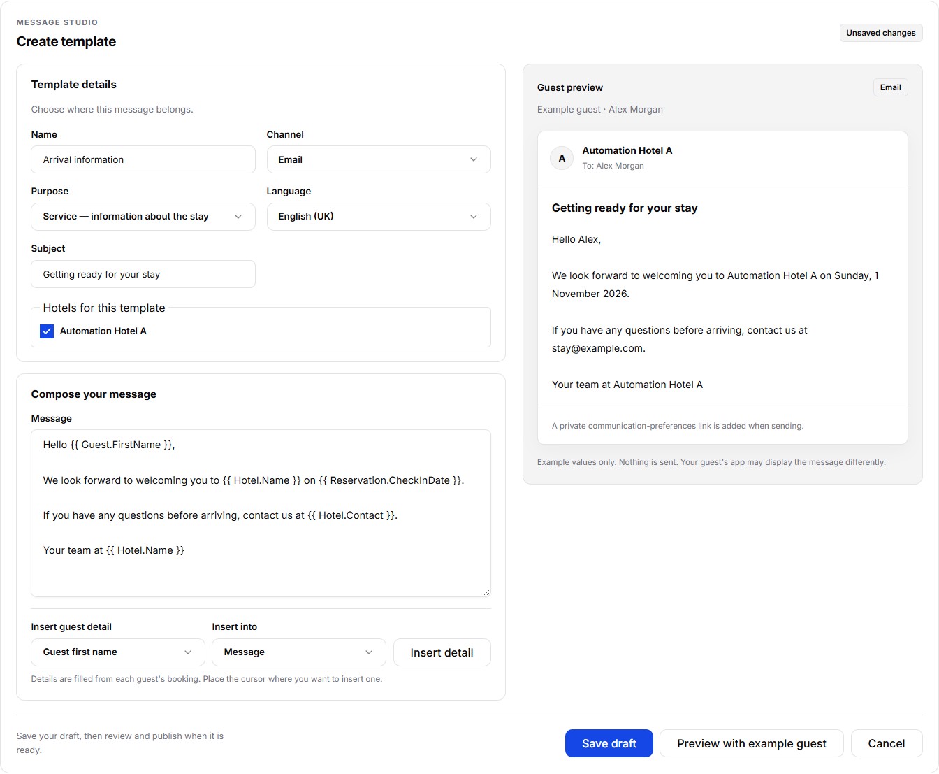 Guestivity message composer with a guest-detail picker and a personalised email preview beside the editing form