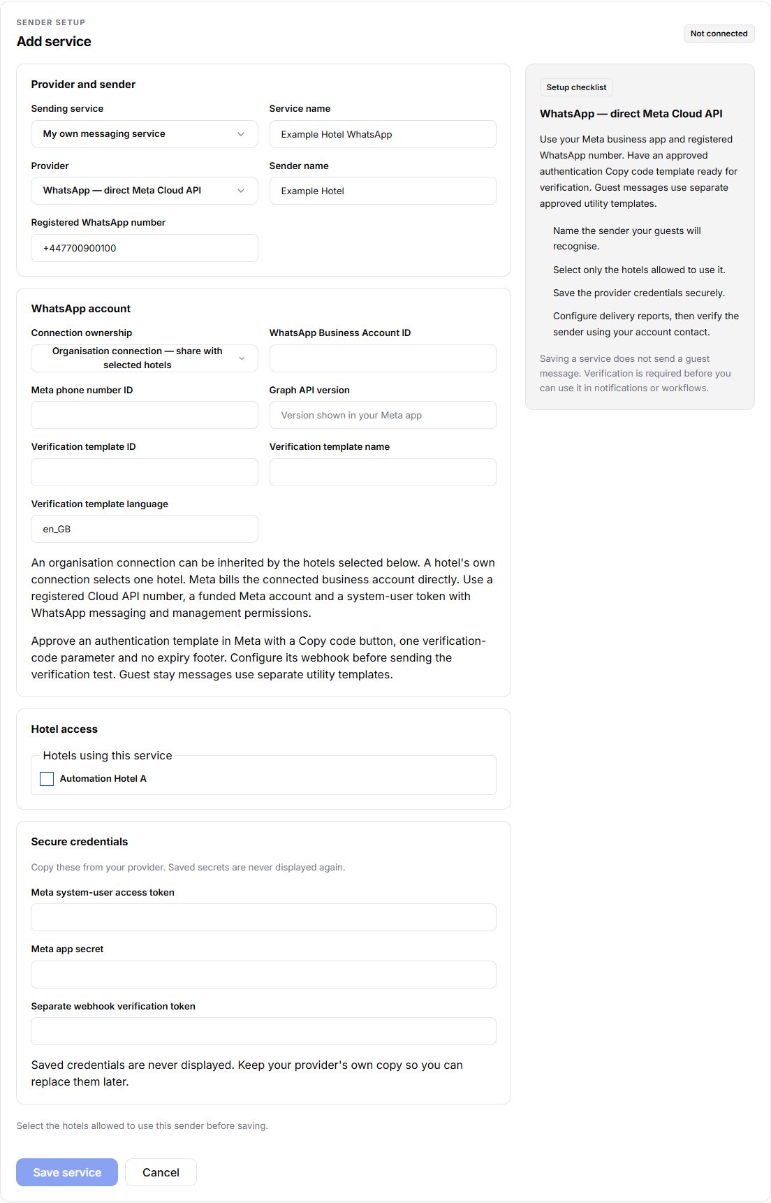 Guestivity direct Meta WhatsApp setup showing organisation sharing, verification-template settings, a connection checklist and empty credential fields