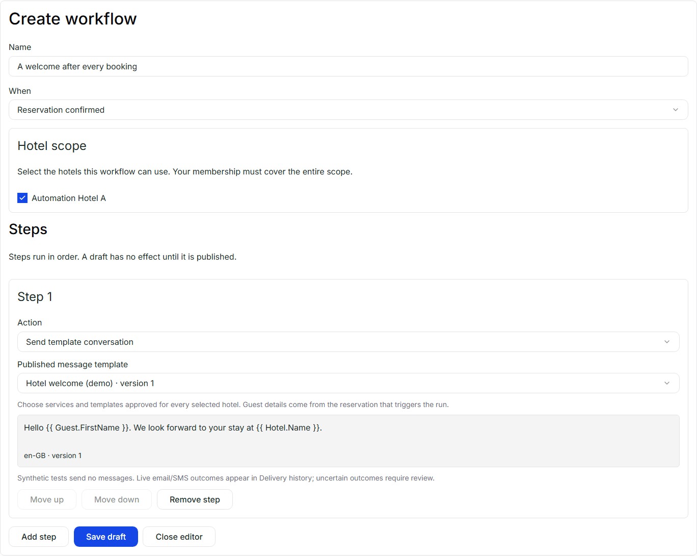 Guestivity booking-triggered workflow editor with a template conversation action