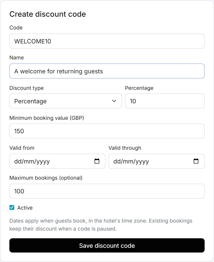 Guestivity discount code editor showing a WELCOME10 percentage offer, minimum booking value, validity dates and a maximum booking limit