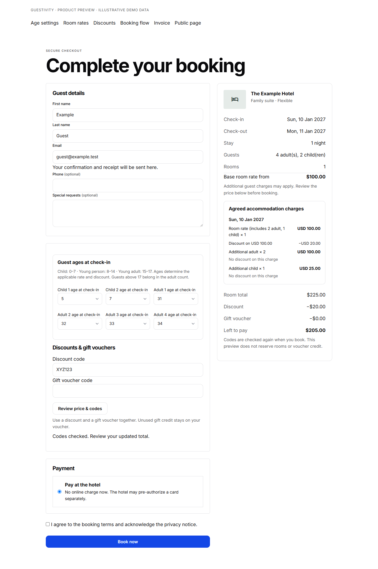 Booking checkout showing a 100 dollar room rate, 100 dollars for additional adults, 25 dollars for an additional child and a 20 dollar discount leaving 205 dollars payable