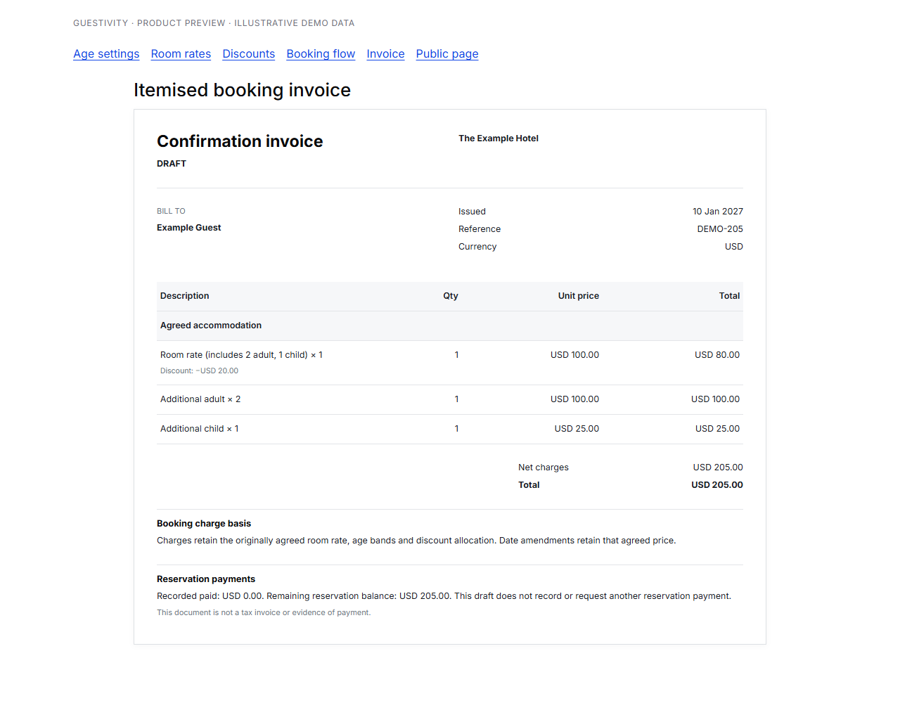 Invoice preview showing the included rate, 20 dollar discount, additional adult and child charges and 205 dollar total
