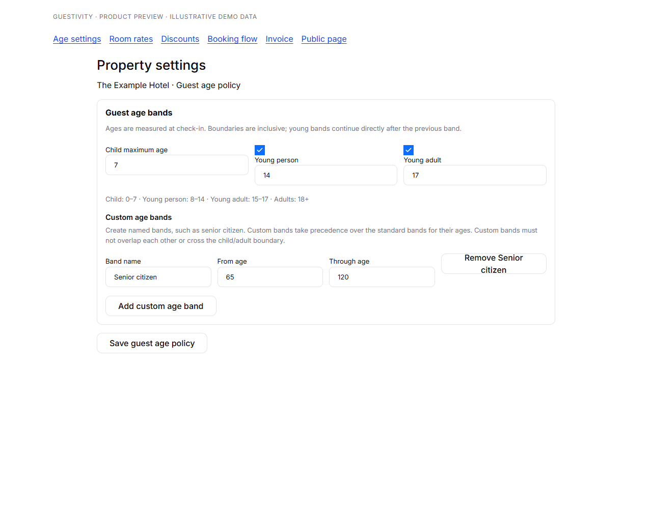 Guest age settings with child ages 0 to 7, young persons 8 to 14, young adults 15 to 17, and a senior citizen custom band starting at 65
