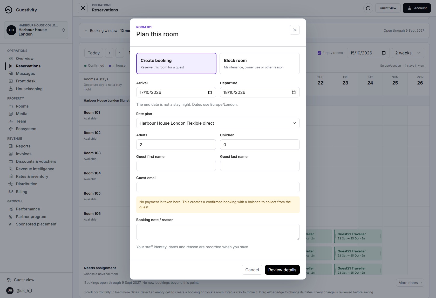 Plan this room dialog with Create booking and Block room options, stay dates, guest details and a review step