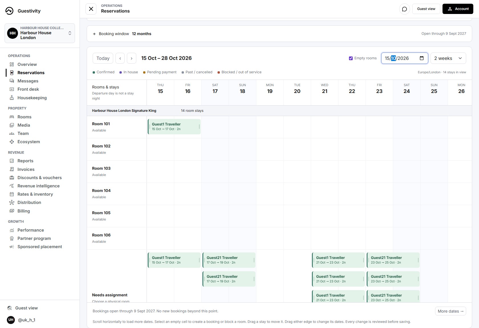 Guestivity reservation timeline showing rooms, dated stays, booking status and the hotel's booking window