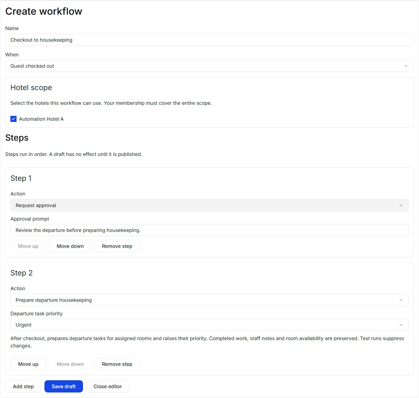 Guestivity workflow settings with a checkout trigger, selected hotel, approval prompt and housekeeping priority