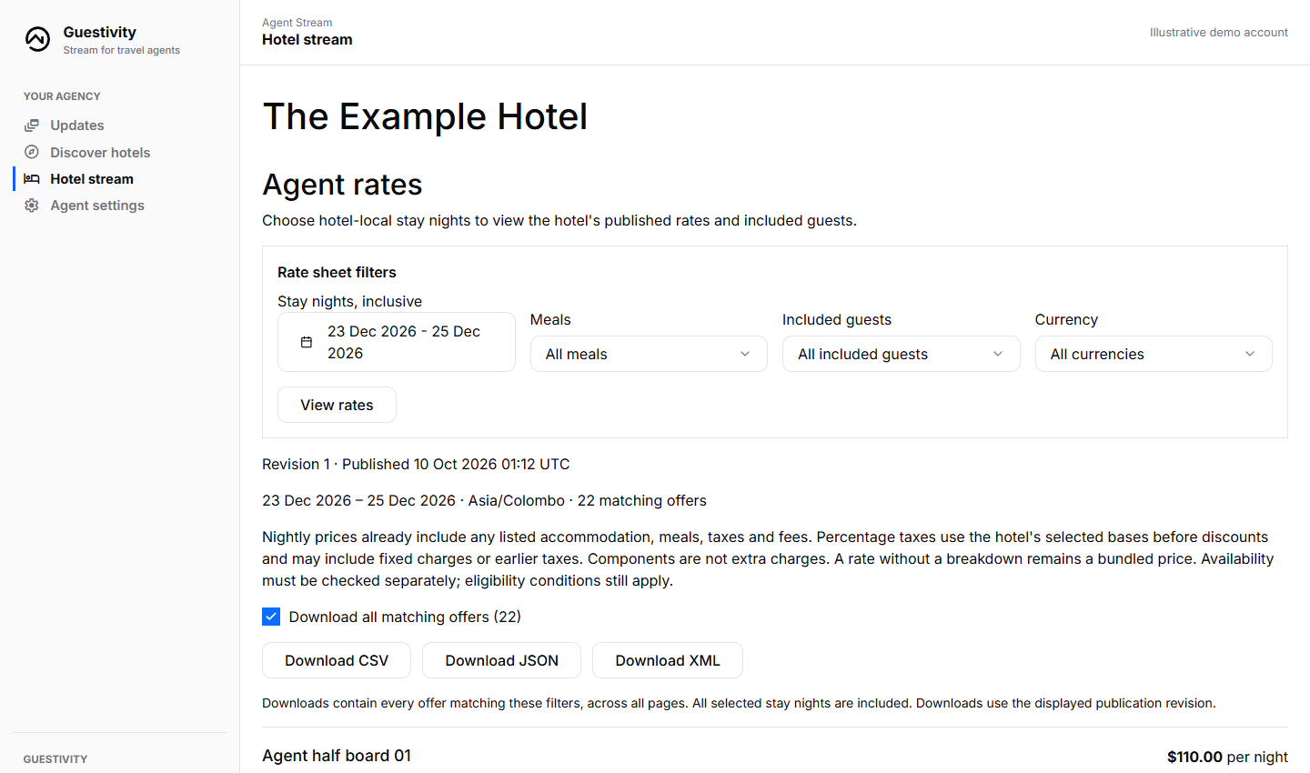 Agent rate sheet with stay dates, meal and guest filters and CSV, JSON and XML downloads