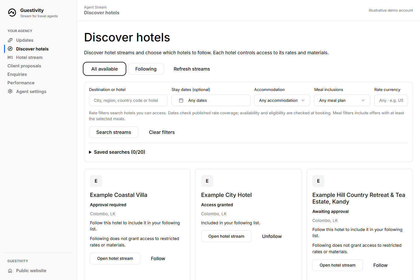 Stream discovery with destination, stay-date, meal-plan and currency filters above hotel cards