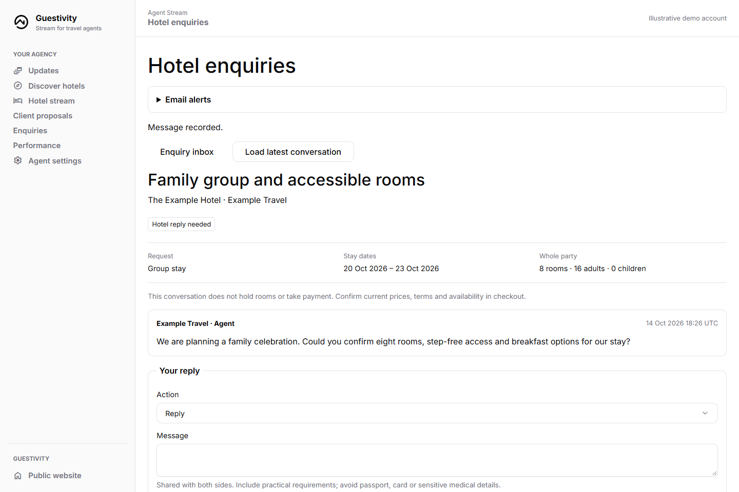 Guestivity structured hotel enquiry showing stay details, request status and conversation messages