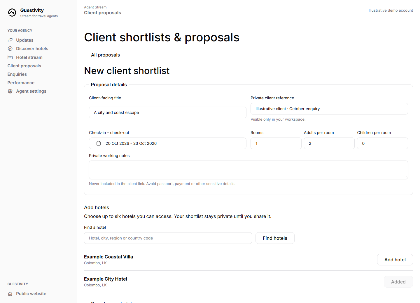 Guestivity client proposal editor with private client reference, stay details and hotel shortlist
